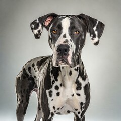 harlequin Great Dane dog - Canis Lupus familiaris - large breed from Germany, long floppy ears isolated on white background looking at camera close up of face and head