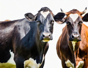 herd or group of funny cows looking at the camera curiously isolated on white background