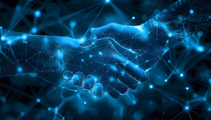 Handshake made of digital connections on a dark blue background. Symbolizing technology and business trust in the era of blockchain and AI for a new virtual connection.