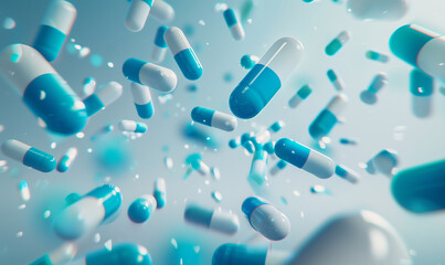 Blue and white pills fallen on a blue background. Dynamic pharmaceutical concept. Design for medical banner, health supplement advertisement, pharmacy brochure.