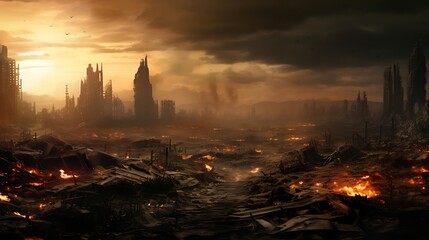An apocalyptic cityscape engulfed in chaos, the remnants of civilization amidst destruction.





