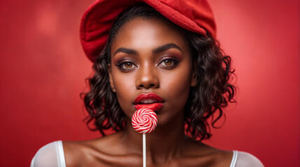 Portrait einer afro-amerikanischen Frau mit rotem Lolli Lutscher vor rotem Hintergrund - obrazy, fototapety, plakaty