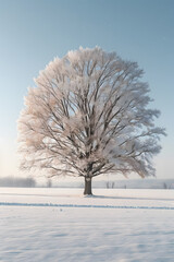 A tree with snowcovered branches stands alone in a snowy field under the freezing sky, creating a stunning natural winter landscape