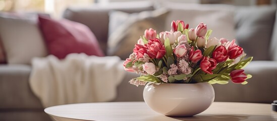 There is a vase with flowers on a table in a living room