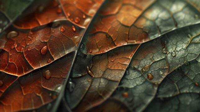 The vibrant texture of overlapping leaves with fresh dewdrops, highlighting nature's beauty in exquisite detail