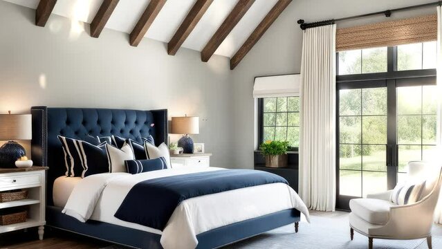 3D Rendering. French country interior design of a modern bedroom in a farmhouse