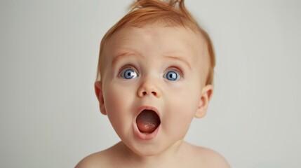 beautiful portrait of baby with surprised face on white background in high resolution