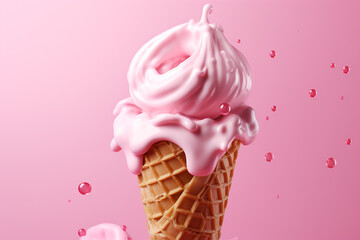Pink ice cream in waffle cone with splashes on pink background