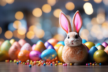 Cute Easter bunny with colorful eggs on wooden table against blurred background