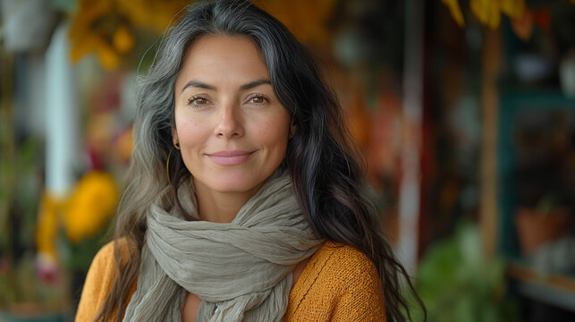 Happy confident Latin mid aged woman portrait. Smiling mature 45 years female, standing in looking at camera.