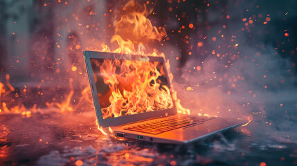 Laptop on fire creates striking image with depth of field.