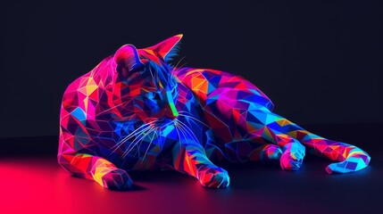 A digital artwork of a cat with a vibrant abstract neon design, composed of a myriad of colorful shapes against a dark backdrop. - obrazy, fototapety, plakaty