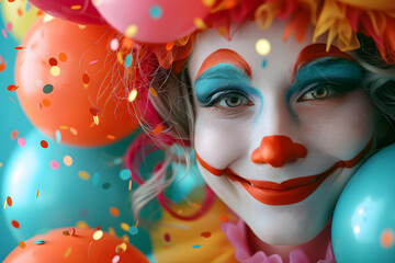 Funny clown in a bright costume, celebrating laughter. Perfect for April Fools Day events and entertainment purposes.