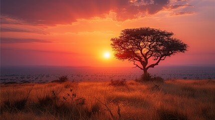 A tree stands in a field under the red sky at sunset
