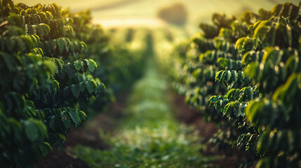 Rows of coffee trees stretch out in the plantation. - obrazy, fototapety, plakaty