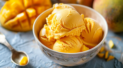 Tempting mango ice cream tub awaits indulgence. - obrazy, fototapety, plakaty