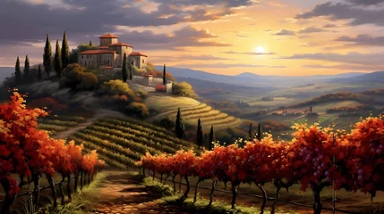 Fotobehang An awe-inspiring vista of Tuscany's vineyard, where endless rows of grapevines stretch across rolling hills under the golden glow of the setting sun, painting a picturesque scene of rustic beauty © Huzaifa