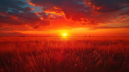 Orange afterglow paints the sky as the sun sets over a field of tall grass - Powered by Adobe