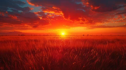 Poster Orange afterglow paints the sky as the sun sets over a field of tall grass © yuchen