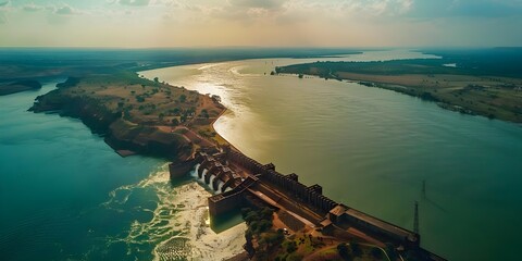 Aerial Perspective of Itaipu Binacional Hydroelectric Power Station on Parana River Brazil-Paraguay Border. Concept Landscapes, Architecture, Engineering, Power Generation - obrazy, fototapety, plakaty