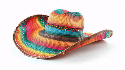Authentic Bright Colored Mexican Sombrero Hat Isolated on White Background, Traditional Cultural Latino Apparel, High-Quality Detailed Image for Cinco De Mayo
