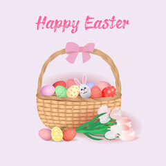 Happy Easter basket with painted eggs, bunny and bouquet of tulips. Greeting card, banner, festive decoration. Vector illustration on light lilac background.