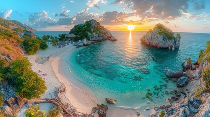 Sunset aerial view of tropical beach with golden water and lush green trees - Powered by Adobe