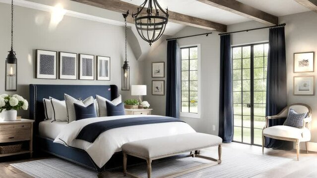 3D Rendering. French country interior design of a modern bedroom in a farmhouse