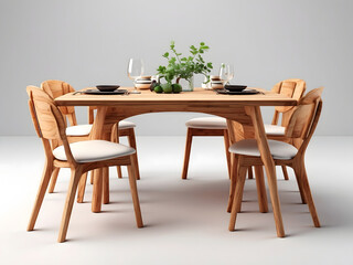 A wooden dining table set is pictured, isolated on a white background. The set includes a table and chairs.