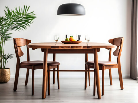 A wooden dining table set is pictured, isolated on a white background. The set includes a table and chairs.