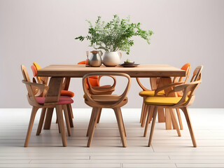 A wooden dining table set is pictured, isolated on a white background. The set includes a table and chairs.