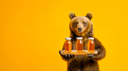 a bear presents jars of honey on a tray - yellow background - obrazy, fototapety, plakaty