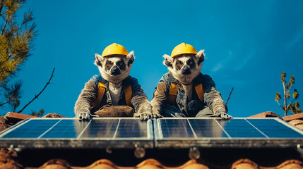 two lemurs on a roof installing solar panels on a house