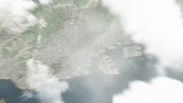 Earth zoom in from space to Kobe, Japan. Followed by zoom out through clouds and atmosphere into space. Satellite view. Travel intro. Images from NASA