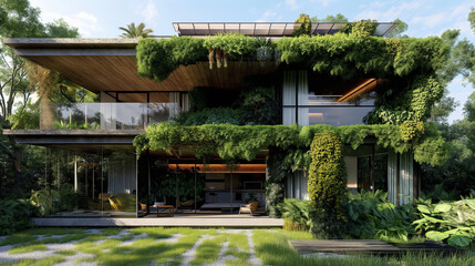 Obraz premium Eco-friendly building covered in plants, sustainable architecture