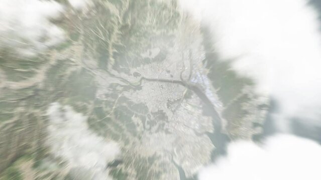 Earth zoom in from space to Ulsan, South Korea. Followed by zoom out through clouds and atmosphere into space. Satellite view. Travel intro. Images from NASA