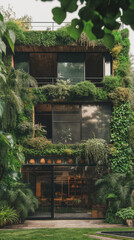 Eco-friendly building covered in plants, sustainable architecture