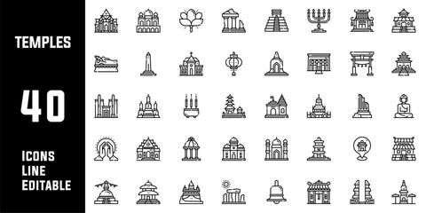 40 Temple Icons Set Pack Line Editable Vector Illustration