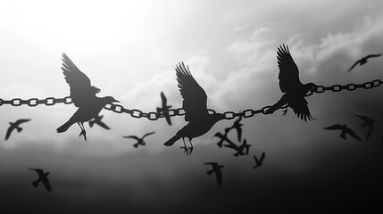 Silhouette of flying birds and broken chains