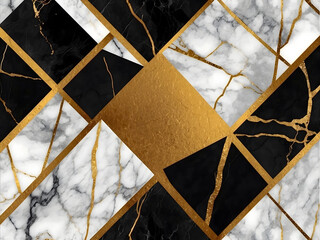 Abstract black-white golden grunge marble geometric background design.