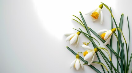 First snowdrops isolated on white background. galanthus flowers. Spring beginning nature. Banner, invitation card.  - obrazy, fototapety, plakaty