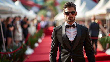 elegant handsome man in suit on a red carpet surrounded by photographers and lights - obrazy, fototapety, plakaty