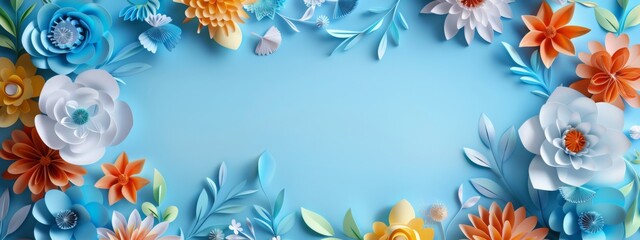Fototapeta na wymiar Floral frame on light blue background. Colorful paper spring flowers and leaves wallpaper. Border for greeting card design for holiday, Mother's day, easter, Valentine day. Papercraft, quilling