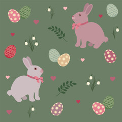 Easter seamless pattern with bunnies, colorful eggs and flowers. Vector illustration on green background. For Easter decor, banner, wrapping, textile. 