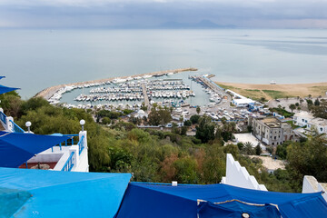 Seascape view of Sidi Bou Said, a picturesque town and popular tourist attraction situated in...