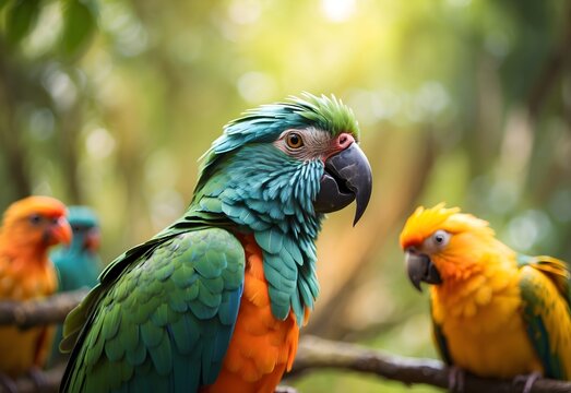 Blurred image of an exotic bird sanctuary, generative AI