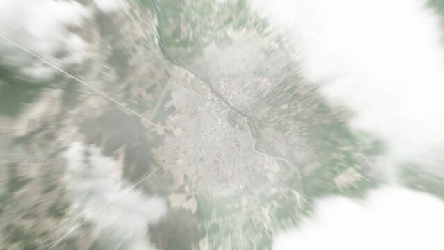 Earth zoom in from space to Santiago del Estero, Argentina. Followed by zoom out through clouds and atmosphere into space. Satellite view. Travel intro. Images from NASA