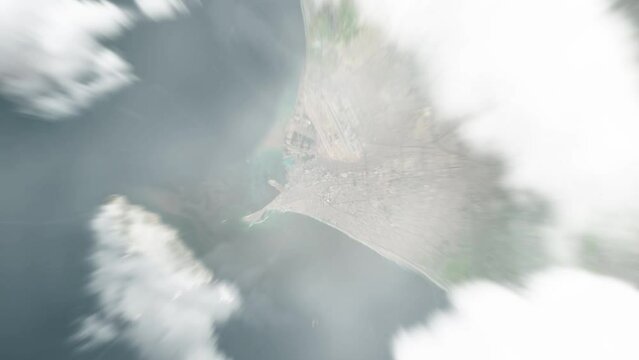 Earth zoom in from space to Callao, Peru. Followed by zoom out through clouds and atmosphere into space. Satellite view. Travel intro. Images from NASA