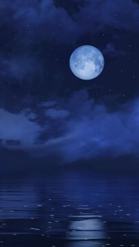 Vertical shot of fantastic dark starry night sky above calm ocean and dreamlike big full moon reflected at mirror water surface. Peaceful fantasy seascape 3D animation rendered in 4K