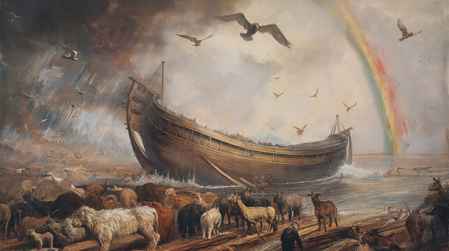 Noah's Ark in the Great Flood. Watercolor Painting. Biblical Illustration